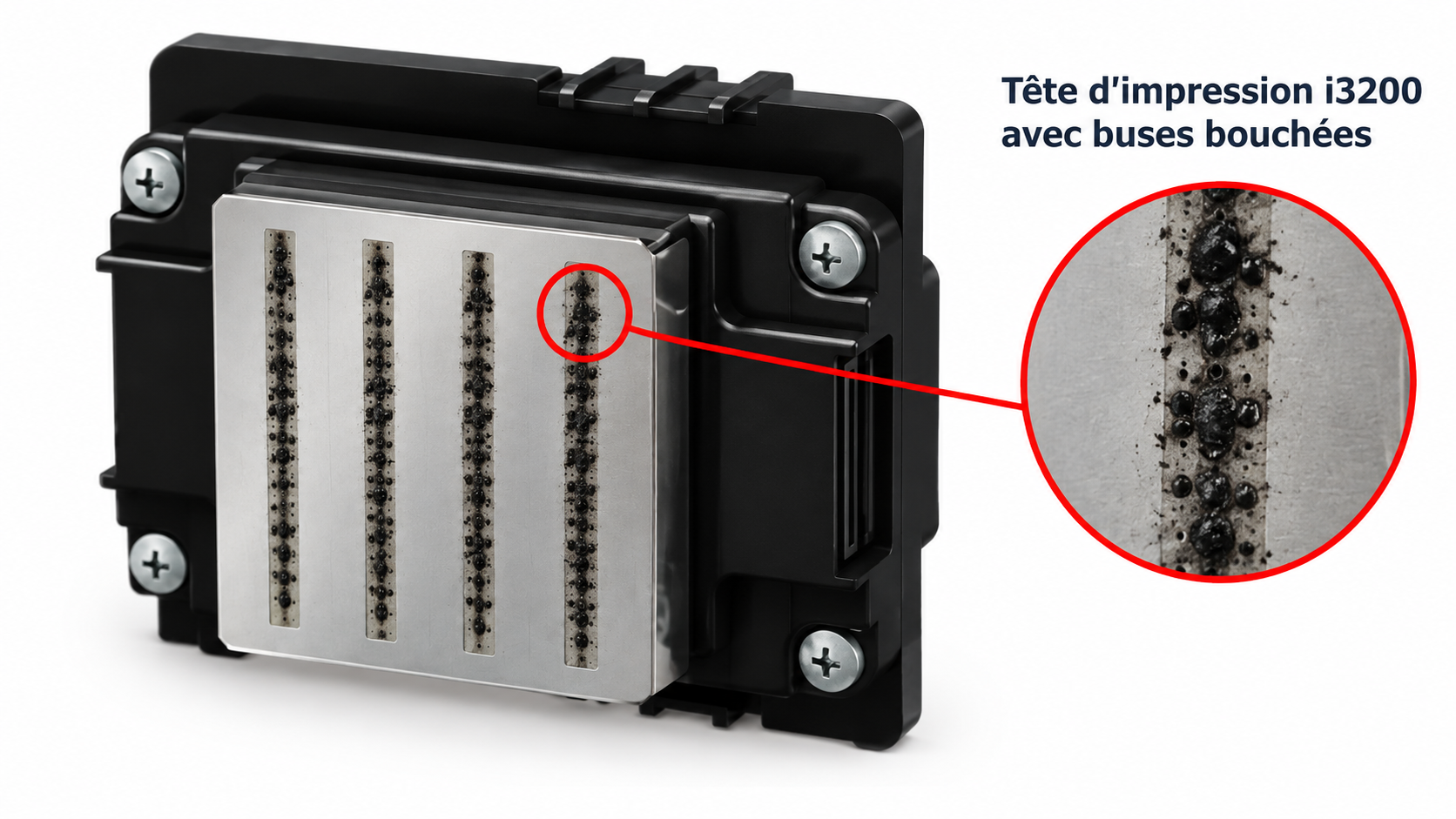 Plaque de buses d'une tête DTF encrassée